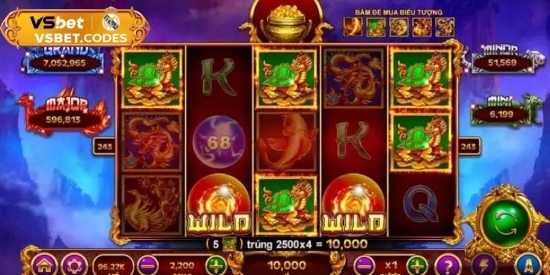 Khung quay năm cuộn hiển thị biểu tượng rồng, phượng và kỳ lân